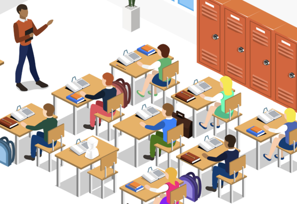 Das Bild zeigt die Zeichnung einer Schulklasse. Die Lehrkraft steht vor der Klasse und erklärt etwas. Die Kinder sitzen an einzelnen Tischen und hören zu. An einem der Tische sitzt kein Kind, stattdessen steht auf dem Tisch der Avatar.