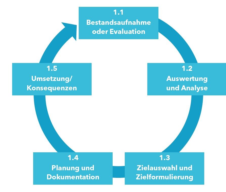 Kreislaufmodell mit den fünf Elementen: Bestandsaufnahme oder Evaluation, Auswertung und Analyse, Zielauswahl und Zielformulierung, Planung und Dokumentation, Durchführung/Konsequenzen