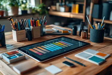 Digitales Tablet mit Farbpalette auf dem Bildschirm. Umgeben von verschiedenen Stiften, Pinsel ind Bechern und Farbmusterstreifen auf einem Holztisch in einem kreativen Arbeitsbereich.