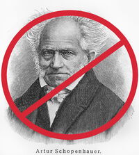 Strichzeichung von Artur Schopenhauer, welche durch roten Kreis und Querstrich versehen wurde