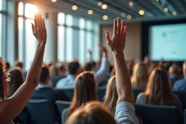 Menschen in einem Konferenzraum heben Hände während einer Präsentation. Unschärfe in der Tiefe.