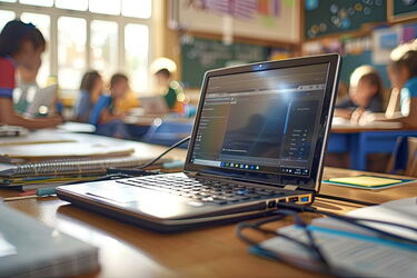 Eingeschalteter Laptop mit Software auf dem Bildschirm in einem Klassenzimmer mit Schülern im Hintergrund.