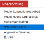 Das Bild zeigt einen Ausschnitt aus dem Helpdesk-Formular. Der Menü-Punkt "Medienberatung" ist ausgewählt, so dass mehrere Unteroptionen angezeigt werden. Der Mauszeiger ist auf der Option "Schuldatenschutz".