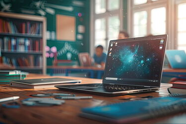 Offener Laptop mit digitaler Grafik auf dem Bildschirm auf einem Holztisch in einem modernen Klassenraum mit Schülern im Hintergrund.