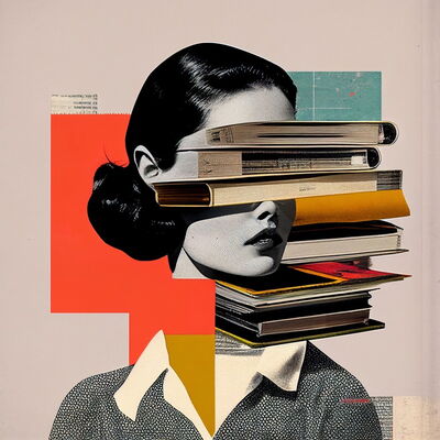 Symbolbild. Fas Portrait einer jungen Frau ist zu sehen. Ihr Gesicht wird grafisch von Büchern durchzogen.