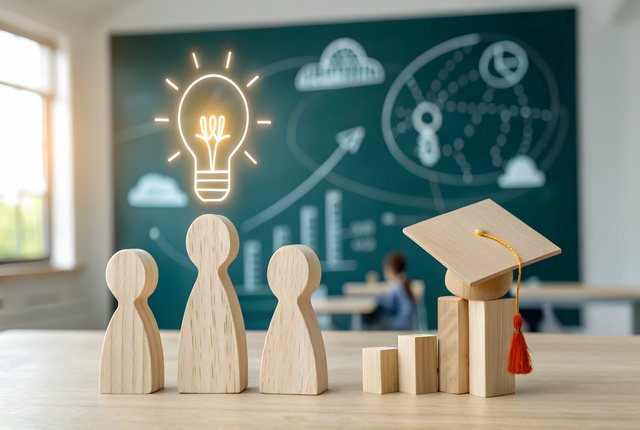 Drei hölzerne Figuren vor einer Tafel mit Diagrammen, eine Glühbirne symbolisiert eine Idee, daneben ein Stapel Würfel mit einem Doktorhut.