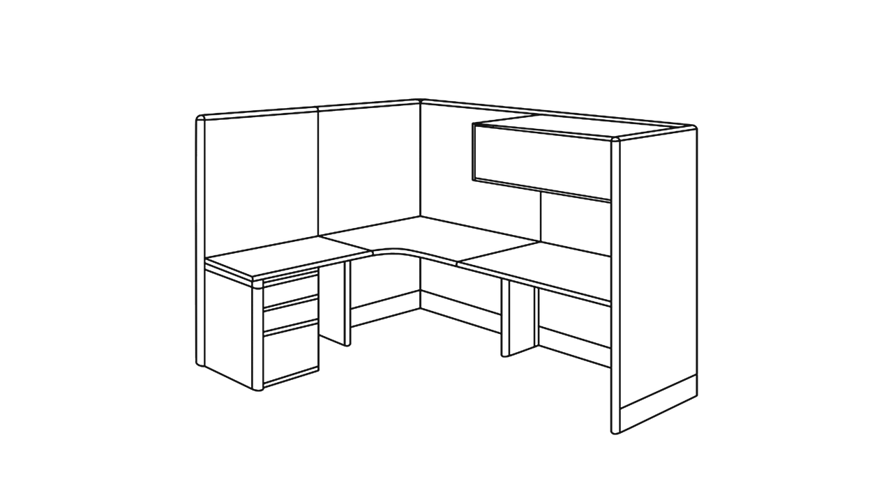 Darstellung einer Arbeitsecke mit Tisch und Schränken